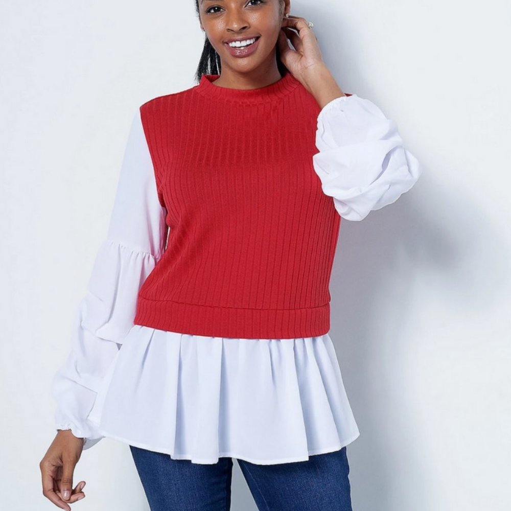 Truth + Style Mix Media Jersey Top with Woven Pick-Up Sleeves 11987